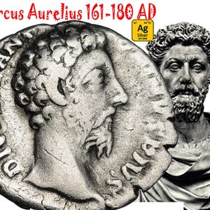 Puede incluir: Una moneda de plata con un perfil de Marco Aurelio, con el texto "DIVVS MAN". La imagen incluye un busto de Marco Aurelio y el texto "Marcus Aurelius 161-180 AD". También hay un símbolo del elemento de la tabla periódica para la plata.