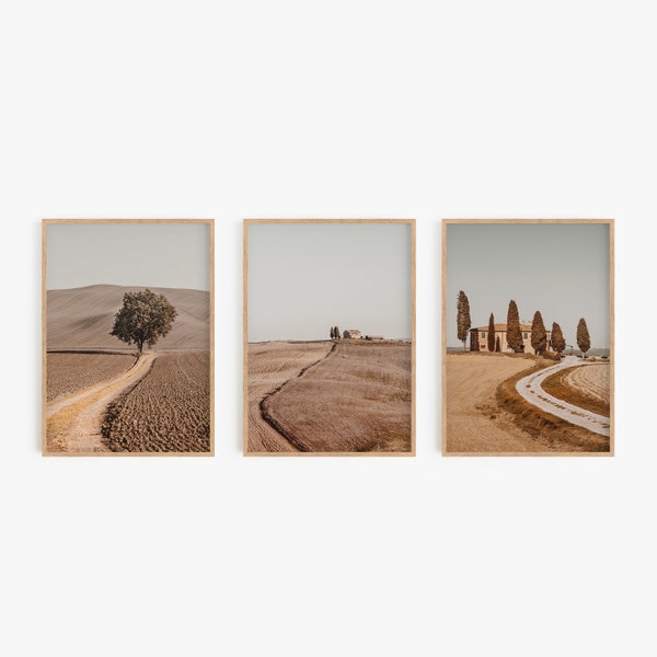 Tuscan Lonely Roads Printable Set, Italian Rustic Wall Art, Neutral Home Decor, Set of 3 Travel Photography Prints, Tuscany Office Decor