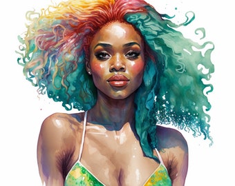 Mermaid art, watercolor painting, watercolor art, black woman, mermaid, wall art, wall décor, downloadable art, art prints, digital art,