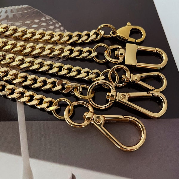 Brass Curb Purse Chain Strap with Clasps, 7.4mm Gold Color Wallet Chain Bag Chain, Handbag Charm Accessories
