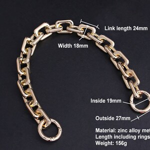 May include: A gold chain necklace with a link length of 24mm, width of 18mm, inside diameter of 19mm, and outside diameter of 27mm. The chain is made of zinc alloy metal and is 36cm long including the rings. It weighs 156g.