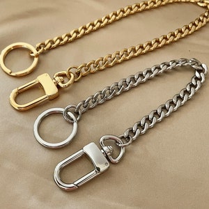 LLAVERO DE BOLSO, Llavero con dije, Cierre giratorio con cadena de eslabones NK de acero inoxidable de 9 mm, Cadena para bolso, Plateado, Dorado