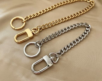 HANDBAG KEYCHAIN, Charm holding Keyring, Swivel Clasp Keychain with Stainless Steel 9mm NK Curb Chain, Chain Keyring for Purse Silver, Gold