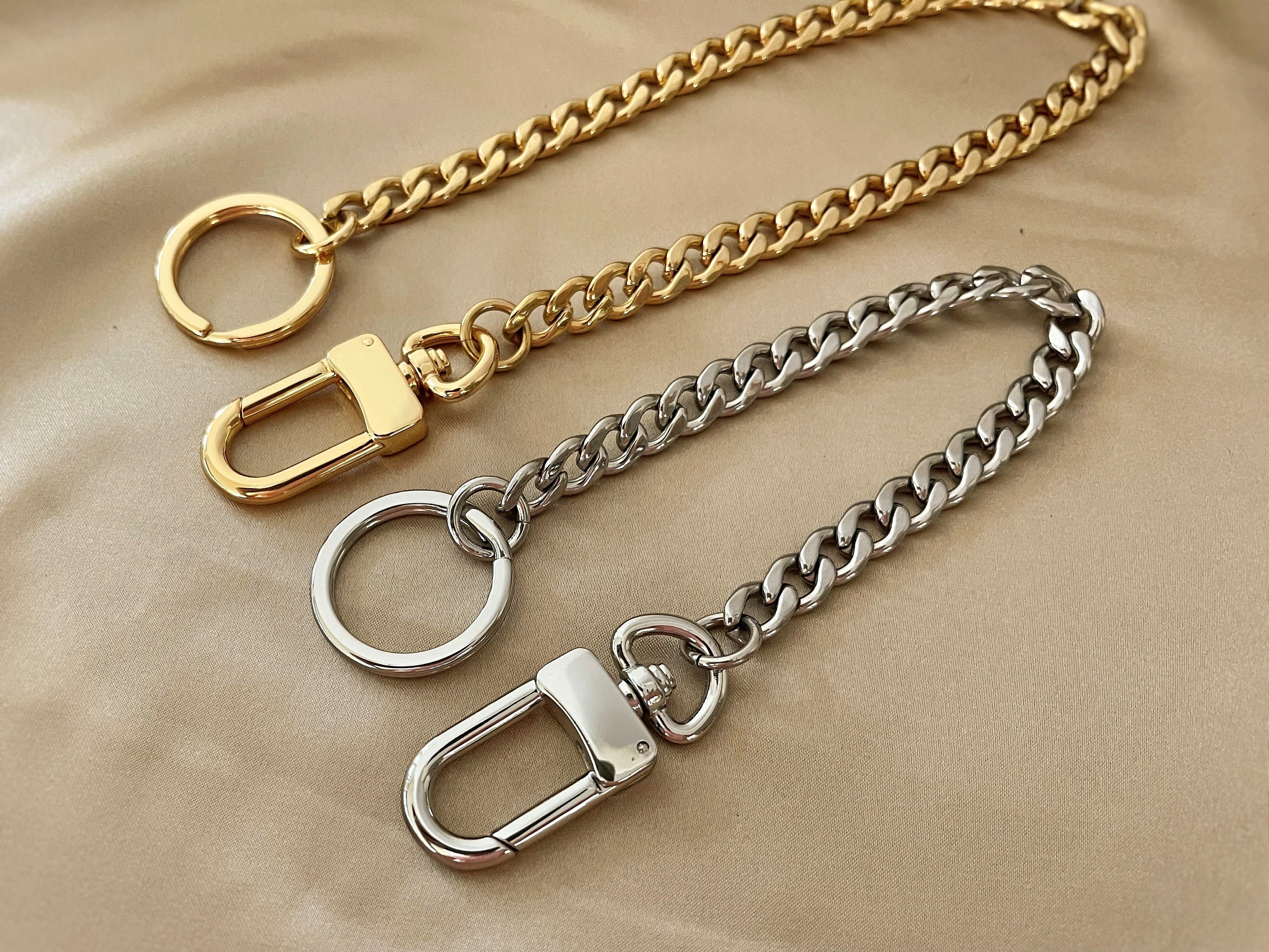 LSLeatherStudio Handbag Keychain, Charm Holding Keyring, Swivel Clasp Keychain with Stainless Steel 9mm NK Curb Chain, Chain Keyring for Purse Silver, Gold