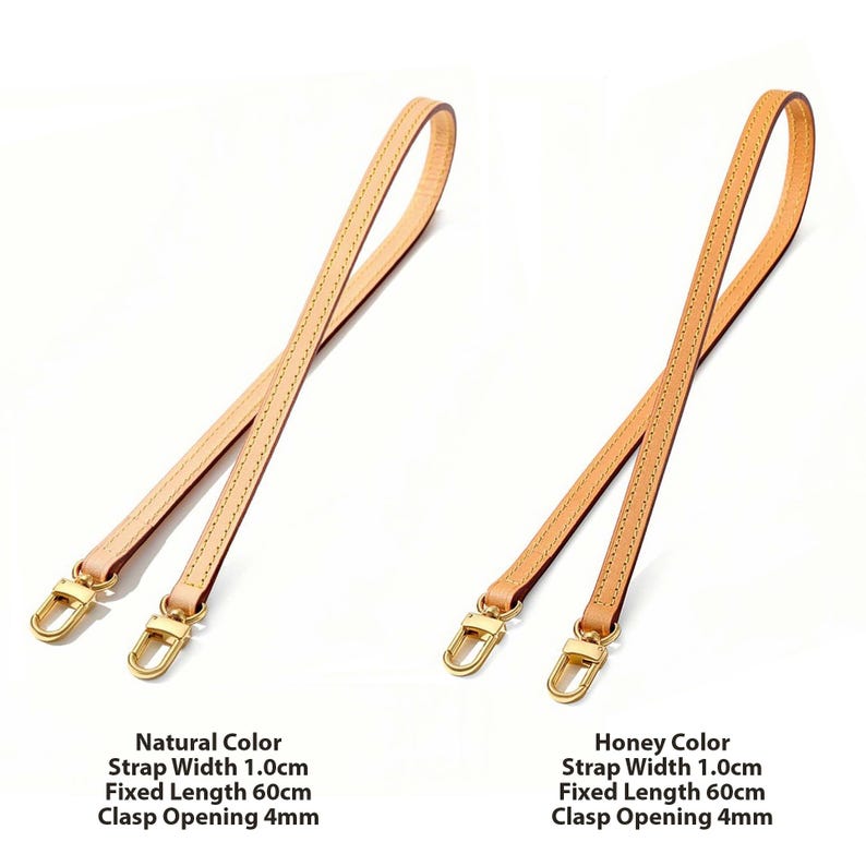 May include: Two leather bag straps in natural and honey colors. Each strap is 1.0cm wide and 60cm long, with a 4mm clasp opening. The straps have gold-colored clasps and are designed for handbags.