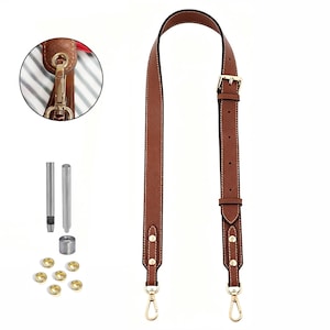 May include: A brown leather purse strap with white stitching, gold-tone hardware, and a buckle. The image also shows a close-up of the strap attachment, along with tools and eyelets for strap customization.