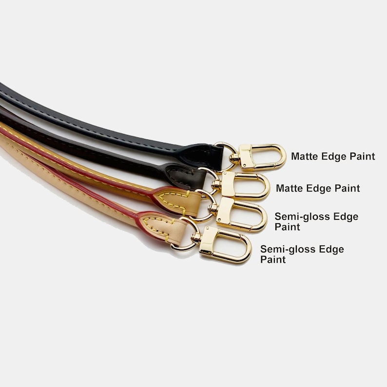 May include: Four leather bag straps in black, dark brown, and tan with gold-colored clasps. The text on the right reads "Matte Edge Paint" and "Semi-gloss Edge Paint".