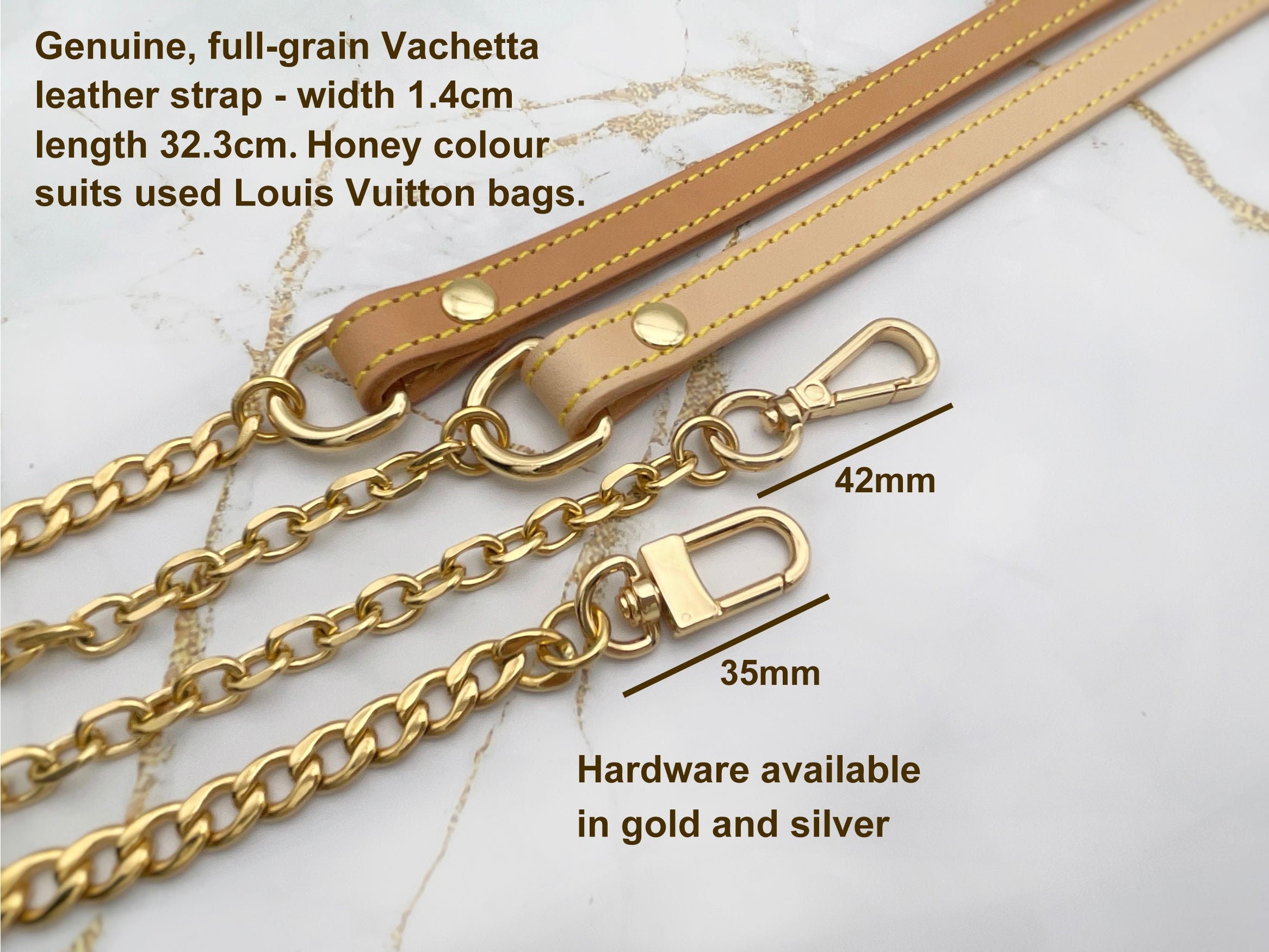 LSLeatherStudio Genuine Leather Chain Strap, High-Quality Leather Strap with Chain for Bags, Shoulder Wallet Chain Purse Strap, Crossbody Strap