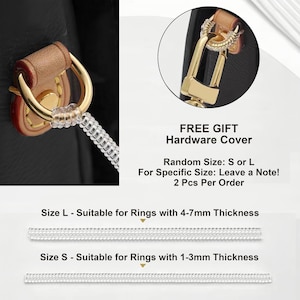 May include: Close-up of a black bag with gold hardware and a clear, coiled accessory. The image includes text that reads "FREE GIFT Hardware Cover" and size details for rings with varying thicknesses.