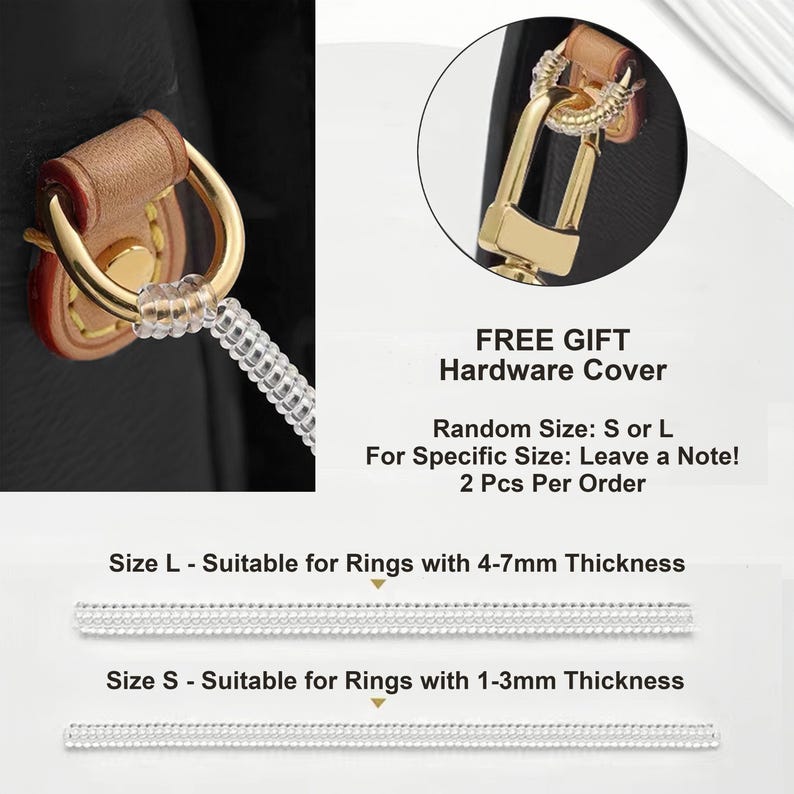 May include: Close-up of a black bag with gold hardware and a clear, coiled accessory. The image includes text that reads "FREE GIFT Hardware Cover" and size details for rings with varying thicknesses.