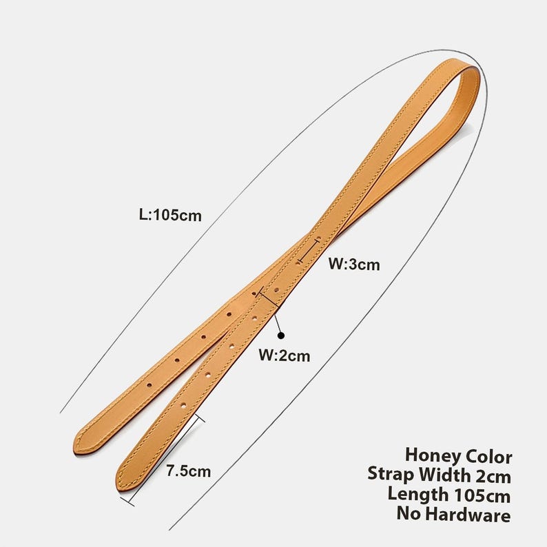 May include: Honey-colored leather strap, 41.3 inches long, 0.8 inches wide, and 3 inches wide at the top. The strap has no hardware and features a stitched design. The image also shows the strap's dimensions.