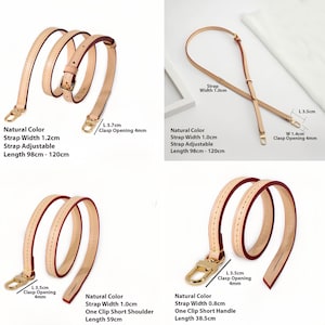 May include: Four natural-colored leather bag straps with gold-tone hardware are displayed. The straps vary in width and length, with adjustable and fixed options. Measurements are provided in centimeters and millimeters.