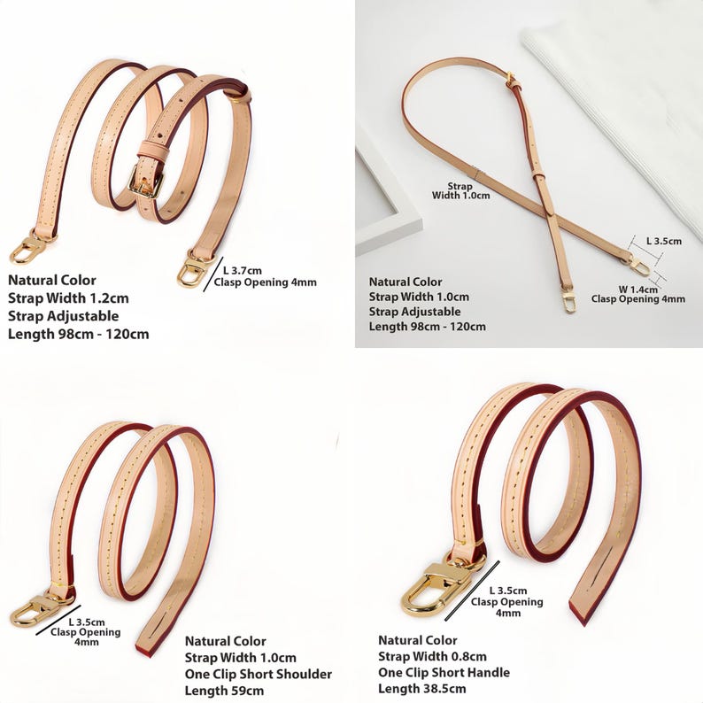 May include: Four natural-colored leather bag straps with gold-tone hardware are displayed. The straps vary in width and length, with adjustable and fixed options. Measurements are provided in centimeters and millimeters.