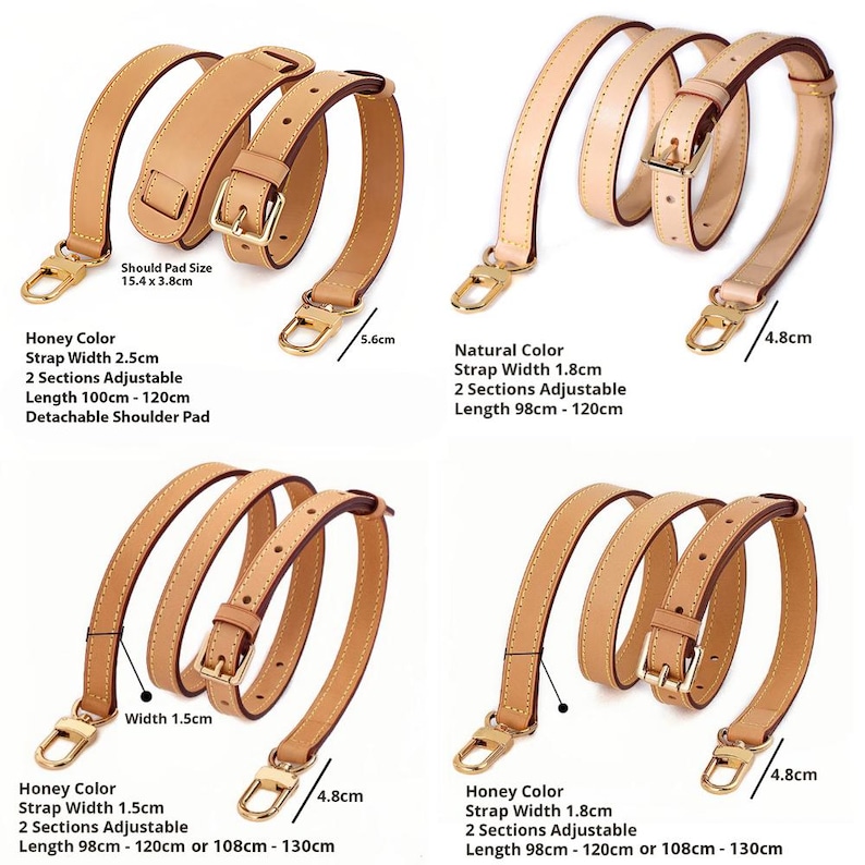 May include: A collection of adjustable leather bag straps in honey and natural colors. The straps have varying widths, ranging from 0.6 to 1 inch, and lengths from 38.5 to 47.2 inches, with some including a detachable shoulder pad. The text indicates adjustable lengths.