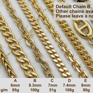 Puede incluir: Varias cadenas doradas con diferentes estilos de eslabones. Las cadenas var&iacute;an en ancho de 6 mm a 8 mm. El texto indica que la cadena predeterminada es B, con otras opciones disponibles. Por favor, deja una nota.