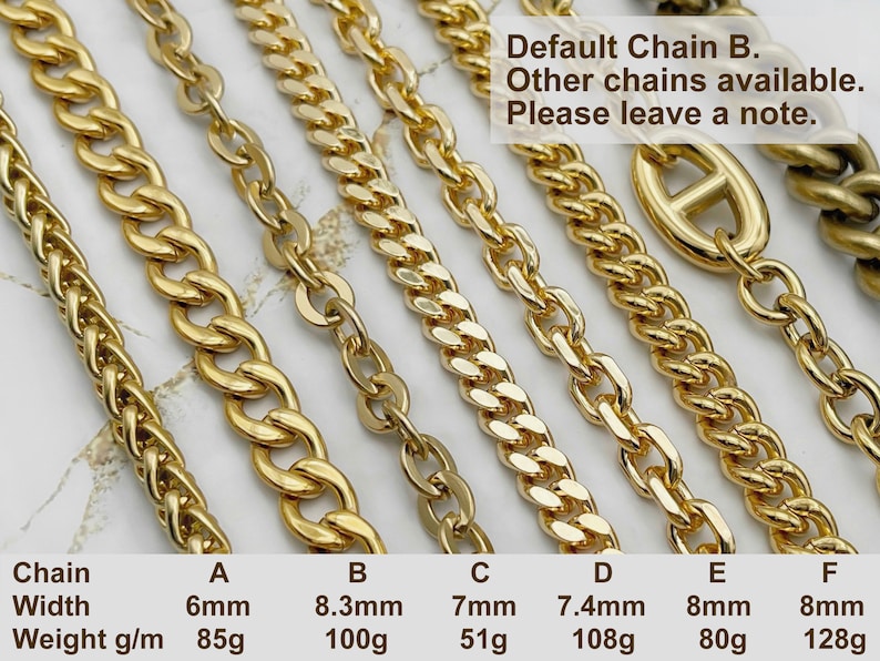 Puede incluir: Varias cadenas doradas con diferentes estilos de eslabones. Las cadenas var&iacute;an en ancho de 6 mm a 8 mm. El texto indica que la cadena predeterminada es B, con otras opciones disponibles. Por favor, deja una nota.