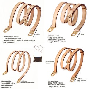 May include: Four leather purse straps in natural and honey colors. The straps have gold-tone hardware, including clasps and buckles. The strap widths vary from 1.0cm to 1.8cm. Adjustable lengths range from 38.58 inches to 51.18 inches.