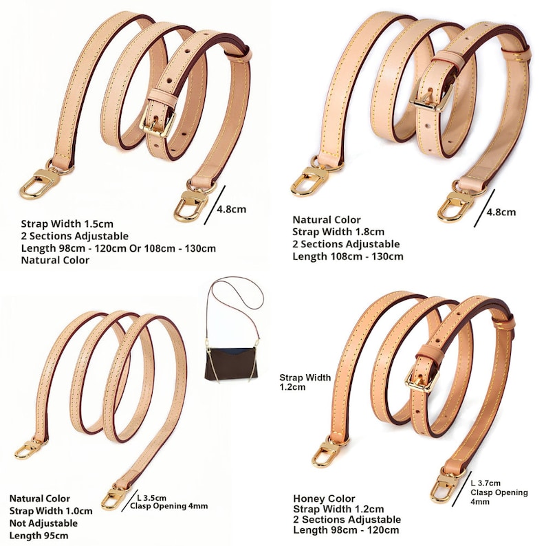 May include: Four leather purse straps in natural and honey colors. The straps have gold-tone hardware, including clasps and buckles. The strap widths vary from 1.0cm to 1.8cm. Adjustable lengths range from 38.58 inches to 51.18 inches.