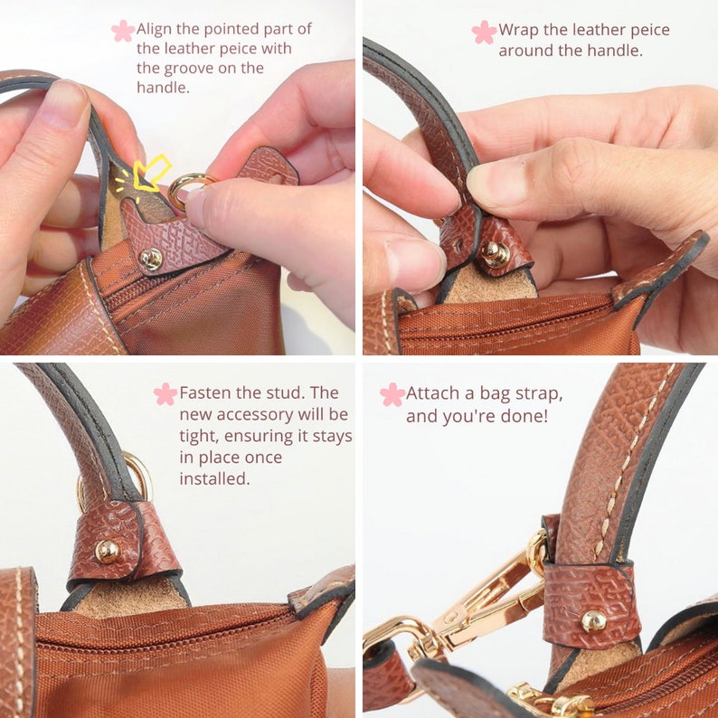 Peut inclure: Un guide &eacute;tape par &eacute;tape sur la fa&ccedil;on d'attacher une bandouli&egrave;re en cuir &agrave; un sac &agrave; main brun. Les instructions montrent comment aligner la partie pointue de la bandouli&egrave;re avec la rainure sur la poign&eacute;e, enrouler la bandouli&egrave;re autour de la poign&eacute;e, fixer le bouton pression et attacher la bandouli&egrave;re.