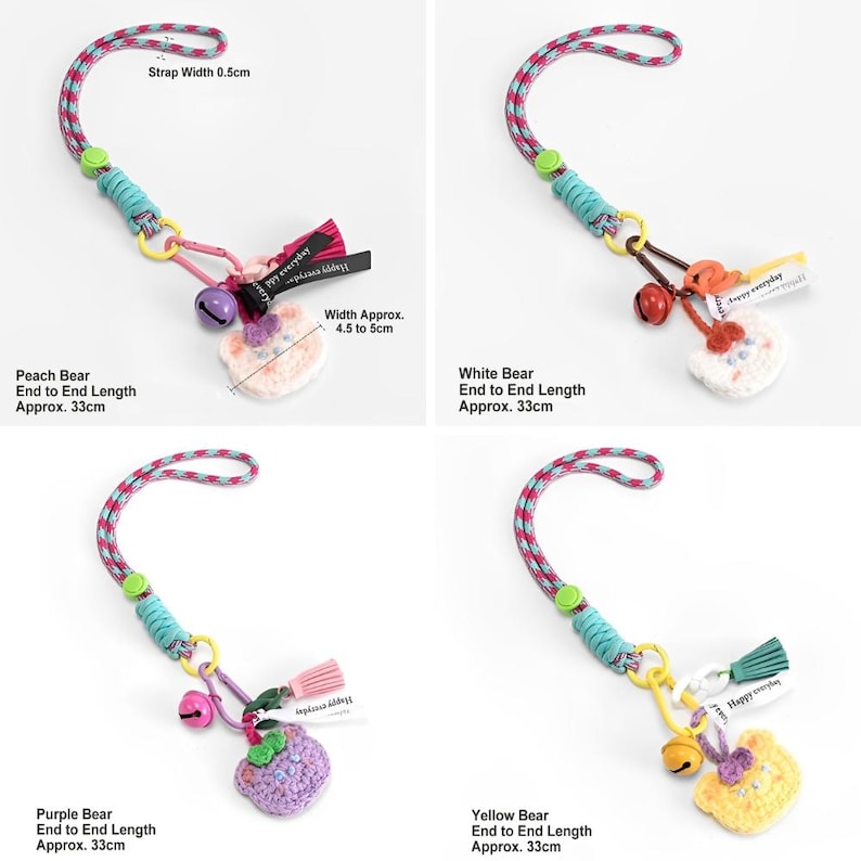 Puede incluir: Cuatro llaveros de osito de crochet de colores con un osito rosa, morado, blanco y amarillo. Cada llavero tiene una correa de cuerda verde, azul y rosa con una peque&ntilde;a campana y un borla. El texto "Happy everyday" est&aacute; impreso en una peque&ntilde;a etiqueta adjunta a cada llavero.