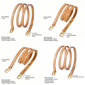 May include: Four honey-colored leather bag straps with gold-tone clasps are displayed. The straps vary in width from 1.0cm to 1.8cm and have fixed lengths of 95cm and 120cm. The clasp openings range from 4mm to 5.5mm.