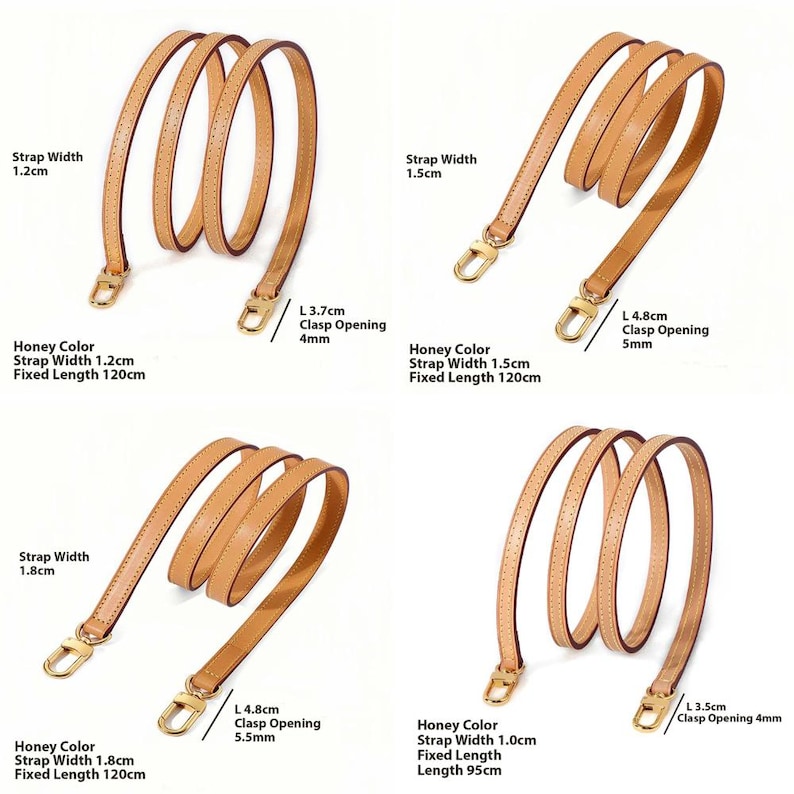 May include: Four honey-colored leather bag straps with gold-tone clasps are displayed. The straps vary in width from 1.0cm to 1.8cm and have fixed lengths of 95cm and 120cm. The clasp openings range from 4mm to 5.5mm.