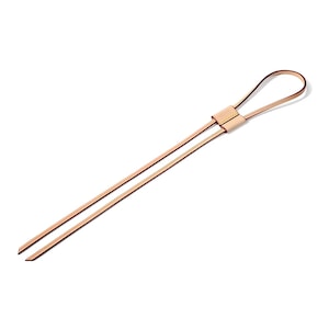 May include: A long, thin, light brown leather strap with a loop at one end and two stitched leather tabs at the other end.