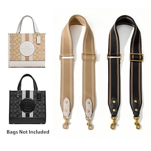 May include: Two handbags and two purse straps are displayed. One handbag is tan with a white stripe and a circular logo. The other is black with a white stripe and a circular logo. The straps are tan and black with gold hardware.