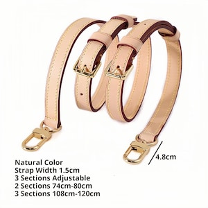 May include: A light beige leather bag strap with gold-colored hardware. The strap is 1.5cm wide and has adjustable sections. The text on the image says "Natural Color", "Strap Width 1.5cm", "3 Sections Adjustable", "2 Sections 74cm-80cm", and "3 Sections 108cm-120cm".