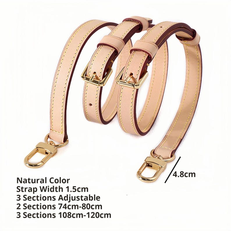 May include: A light beige leather bag strap with gold-colored hardware. The strap is 1.5cm wide and has adjustable sections. The text on the image says "Natural Color", "Strap Width 1.5cm", "3 Sections Adjustable", "2 Sections 74cm-80cm", and "3 Sections 108cm-120cm".