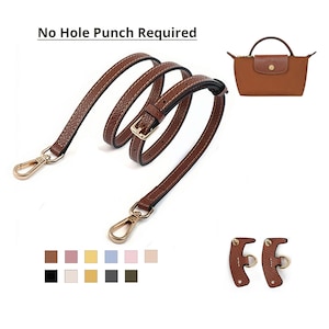 May include: Brown leather shoulder strap with gold hardware and a buckle. The strap is designed to be used with a handbag. The text "No Hole Punch Required" is visible at the top of the image.