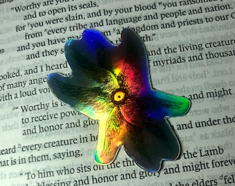 May include: A holographic sticker featuring a black and white illustration of a winged creature with a large eye in the center. The wings are spread out and the creature is surrounded by a rainbow iridescent background.