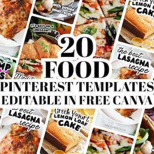 Könnte beinhalten: Eine Collage von 20 Food-Pinterest-Vorlagen, bearbeitbar in Canva. Das Bild zeigt verschiedene Lebensmittel wie Lasagne, Garnelen-Tacos und Zitronen-Joghurt-Kuchen. Der Text lautet "20 FOOD PINTEREST TEMPLATES EDITABLE IN FREE CANVA".