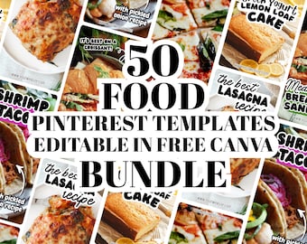 May include: A collage of food images, including lasagna, shrimp tacos, and lemon loaf cake, with text overlay: "50 FOOD PINTEREST TEMPLATES EDITABLE IN FREE CANVA BUNDLE". The images are arranged in a visually appealing layout.
