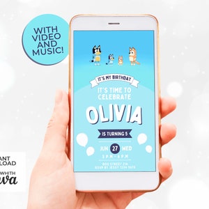 Puede incluir: Una invitación digital azul y blanca para una fiesta de cumpleaños. La invitación presenta un perro de dibujos animados y el texto "¡Es mi cumpleaños! Es hora de celebrar Olivia cumple 5 años. Jun 27 Mié 15:00 - 18:00 Dog Street 214 RSVP por Jesst 1234 5678".