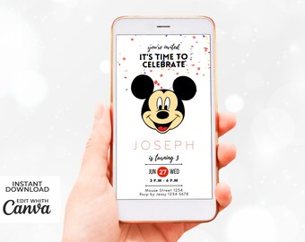 Micky Mouse Face Birthday Party Animated Digital Invitation | Downloadable Editable Canva Template | Electronic Card Boy Girl