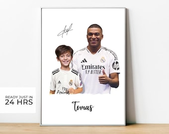 Personalized Kylian Mbappé Real Madrid Poster with my photo to print in A4 or A3 size. Personalized football gift