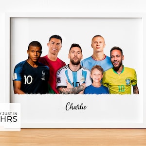 Personalized poster of Messi, Cristiano Ronaldo, Haaland, Mbappe and Neymar with my photo to print in A4 or A3 size.