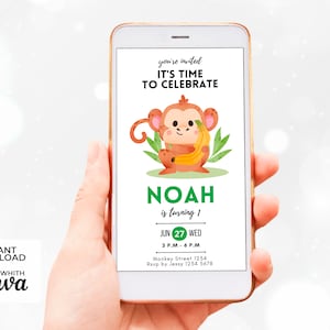 Invito digitale animato per il compleanno di una simpatica scimmia della giungla | Modello Canva modificabile scaricabile | Biglietto per bambini minimalista personalizzabile