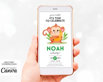 Cute Jungle Monkey Birthday Animated Digital Invitation | Downloadable Editable Canva Template | Customizable Minimalist Children's Card