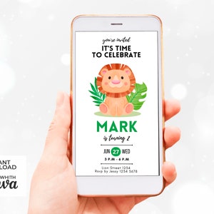 Animated Digital Invitation Lion Jungle Birthday Party | Downloadable Editable Canva Template | Customizable Minimalist Children&#39;s Card