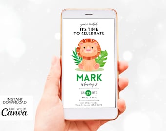 Animated Digital Invitation Lion Jungle Birthday Party | Downloadable Editable Canva Template | Customizable Minimalist Children's Card