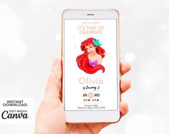 Minimalist Little Mermaid Birthday Party Animated Digital Invitation | Downloadable Editable Canva Template | Boy Girl Electronic Card