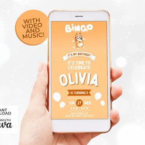 Invitación video animada digital cumpleaños Bingo Bluey bailando con música  programa TV | Plantilla Canva Editable Fácilmente | Descargable