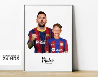 Personalized Poster of Lionel Messi Barcelona FC T-shirt with your photo to print in A4 or A3 size. Barsa Soccer Gift Child Culé Fan