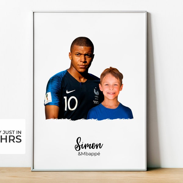 Druckbares digitales Fußballbild. Foto mit Kylian Mbappé Frankreich, personalisierbar, A3. Fußballfans. Geburtstagsgeschenk