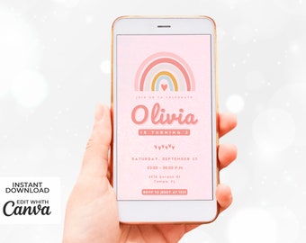 Animated Digital Birthday Invitation Editable Pastel Pink Heart Rainbow Canva Template To Send By Whatsapp. Immediate Download