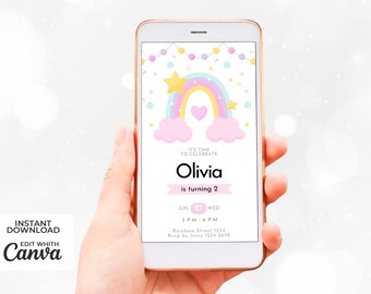 Minimalist Rainbow Birthday Party Animated Digital Invitation | Downloadable Editable Canva Template | Boy Girl Electronic Card