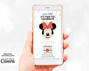 Minnie Mouse Face Bow Animated Digital Birthday Party Invitation | Downloadable Editable Canva Template | Electronic Card Boy Girl