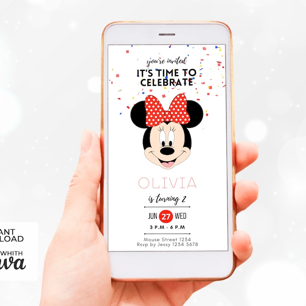 Invitación Digital Animada Fiesta Cumpleaños Minnie Mouse Cara Moño | Plantilla Canva Editable Descargable | Tarjeta Electrónica Niño Niña